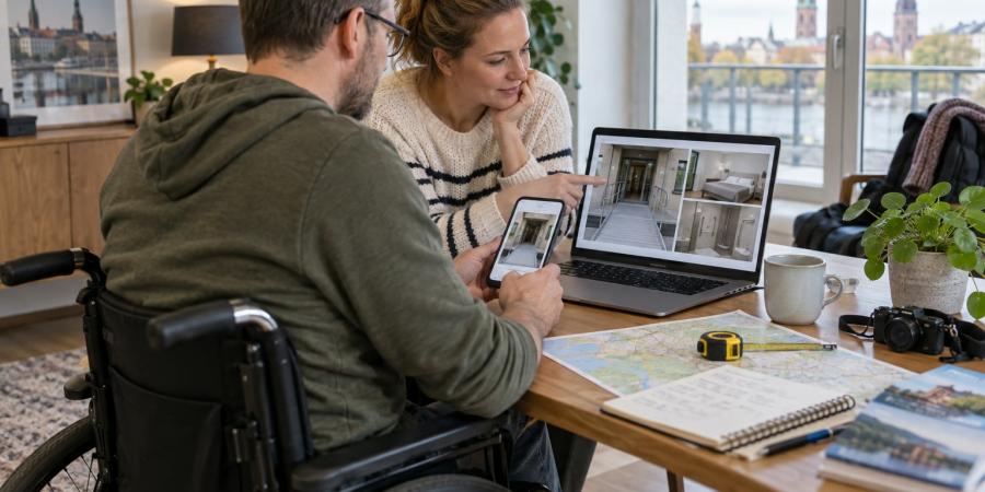 Riteņkrēsla lietotājs un pavadone pie datora pārbauda naktsmītnes ieeju, numuru un sanitāro telpu