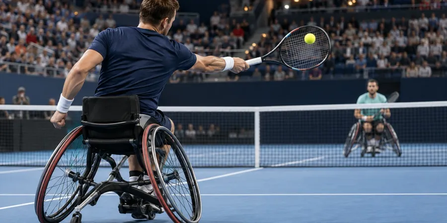Divi riteņtenisisti sporta riteņkrēslos sacenšas uz zilā seguma laukuma pilnā iekštelpu arēnā