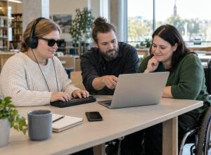 Trīs cilvēki bibliotēkā kopīgi pārbauda piekļūstamu digitālo pakalpojumu datorā un taktilā ierīcē