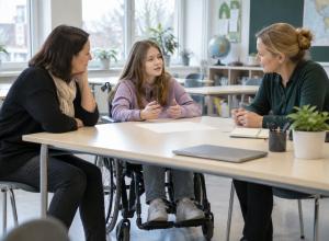 Skolniece riteņkrēslā kopā ar vecāku un skolotāju pārrunā mācību plānu klasē