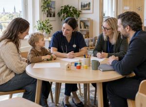 Bērns ar vecāku un trim speciālistiem pie apaļa galda kopīgi pārrunā atbalsta plānu
