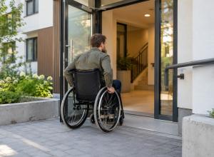 Riteņkrēsla lietotājs patstāvīgi pārvietojas pa pielāgotu mājokļa ieeju