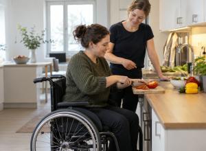 Sieviete riteņkrēslā gatavo dārzeņus virtuvē ergoterapeites vadībā