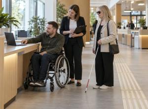 Cilvēki ar riteņkrēslu un balto spieķi kopā ar speciālisti pārbauda pašvaldības pakalpojumu
