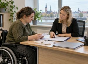 Sieviete riteņkrēslā kopā ar sociālo darbinieci pārskata čekus un pabalsta dokumentus