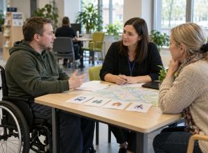 Vīrietis riteņkrēslā ar atbalsta personu pārrunā pakalpojumus pie sociālās darbinieces