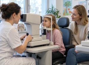 Acu aprūpes speciāliste pārbauda meitenes redzi, kamēr mamma sēž līdzās