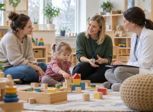 Bērns rotaļājas ar klucīšiem, kamēr vecāks, pedagoģe un veselības speciāliste sarunājas
