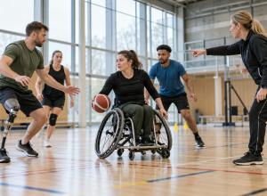 Parasportisti kopā ar treneri izpilda bumbas vingrinājumu gaišā un pieejamā sporta zālē.