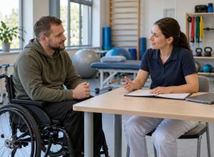Cilvēks riteņkrēslā rehabilitācijas kabinetā pārrunā individuālo plānu ar speciālisti