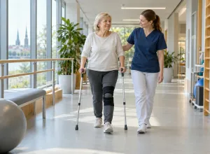 Paciente ar kruķiem fizioterapeites pavadībā iet pa gaišu rehabilitācijas centra gaiteni