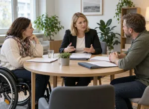 Mediatore vada sarunu pie apaļa galda ar diviem cilvēkiem, no kuriem viens izmanto riteņkrēslu