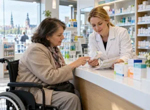 Sieviete riteņkrēslā kopā ar farmaceiti pie letes pārskata zāļu iepakojumu un lietošanas plānu