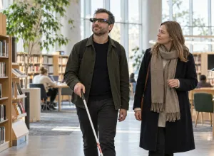 Vīrietis ar balto spieķi un viedajām brillēm kopā ar pavadoni pārvietojas gaišā bibliotēkā