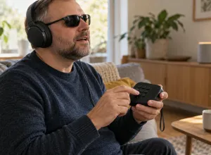 Neredzīgs vīrietis ar austiņām lieto kompaktu audio atskaņotāju ar izteikti taustāmām pogām.