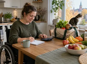 Sieviete riteņkrēslā pie virtuves galda plāno pārtikas pirkumus līdzās iepirkumu somai ar produktiem.