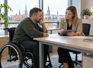 Vīrietis riteņkrēslā kopā ar sociālo darbinieci pie pieejama galda pārrunā plānu planšetē.