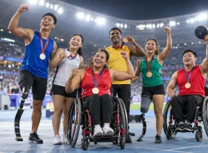 Dažādu parasporta disciplīnu sportisti stadionā kopā svin izcīnītās medaļas