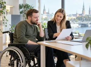 Vīrietis riteņkrēslā un karjeras konsultante pie galda kopīgi pārskata darba pieteikuma dokumentus