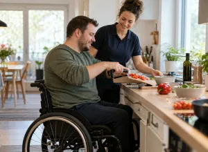 Vīrietis riteņkrēslā gatavo dārzeņus pie pielāgota virtuves galda ergoterapeites klātbūtnē