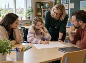 Skolniece riteņkrēslā kopā ar ģimeni un skolas speciālistiem pārrunā mācību plānu klasē.