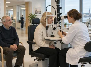 Sieviete acu klīnikā veic redzes pārbaudi pie oftalmoloģes, kamēr pavadonis gaida līdzās.