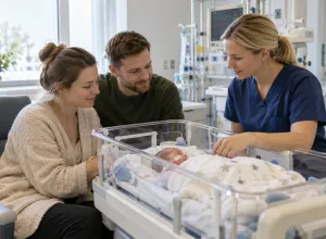 Vecāki un jaundzimušo aprūpes māsa mierīgā slimnīcas palātā kopā raugās uz bērnu gultiņā