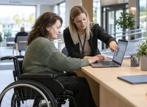 Sieviete riteņkrēslā kopā ar klientu konsultanti pie klēpjdatora pārskata digitālu pakalpojumu
