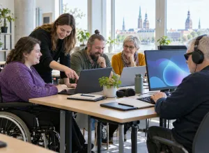 Pieaugušie ar dažādām piekļūstamības vajadzībām kopā ar pasniedzēju strādā pie datoriem mācību telpā