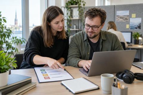 Divi kolēģi birojā kopīgi pārskata darba plūsmu datorā un strukturētā kontrolsarakstā