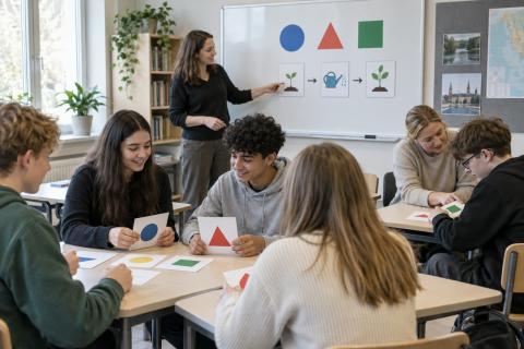 Skolotāja un pedagoga palīgs atbalsta skolēnus kopīgā uzdevumā ar vizuālām kartītēm