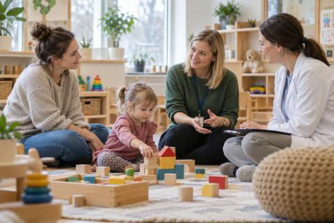 Bērns rotaļājas ar klucīšiem, kamēr vecāks, pedagoģe un veselības speciāliste sarunājas
