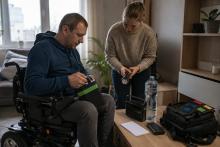 Elektriskā riteņkrēsla lietotājs ar atbalsta personu pārbauda akumulatoru, lukturīti un ārkārtas piederumus.