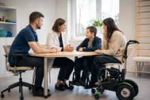 Zēns un vecāks pie pieejama galda sarunājas ar rehabilitācijas ārsti un fizioterapeitu.