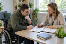 Vīrietis riteņkrēslā kopā ar speciālisti pārskata rehabilitācijas plānu pie galda
