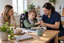 Aprūpes speciāliste palīdz bērnam pie galda, kamēr mamma vēro viņu ikdienas gaitas