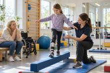 Meitene rehabilitācijas nodarbībā trenē līdzsvaru kopā ar fizioterapeiti