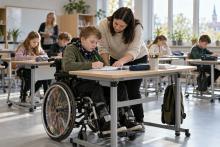 Skolēns riteņkrēslā pilda uzdevumu klasē, kamēr asistente palīdz pie mācību galda
