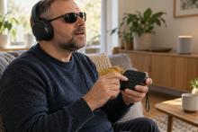 Neredzīgs vīrietis ar austiņām lieto kompaktu audio atskaņotāju ar izteikti taustāmām pogām.