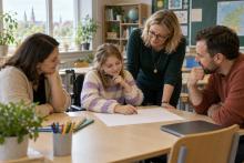 Skolniece riteņkrēslā kopā ar ģimeni un skolas speciālistiem pārrunā mācību plānu klasē.