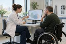 Ārste un pacients riteņkrēslā kopīgi pārrunā informāciju datora ekrānā
