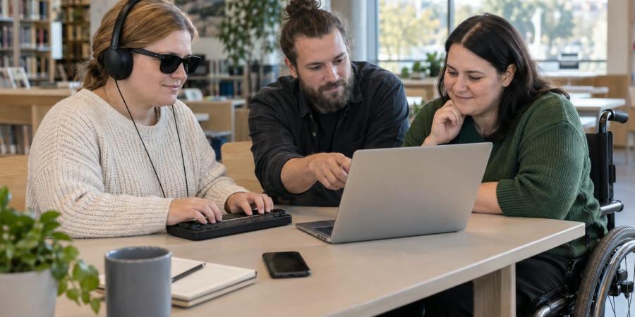 Trīs cilvēki bibliotēkā kopīgi pārbauda piekļūstamu digitālo pakalpojumu datorā un taktilā ierīcē