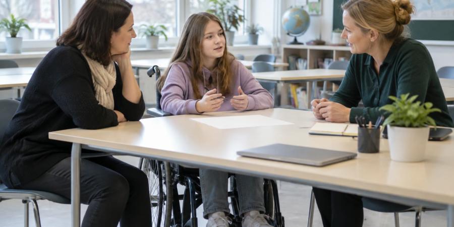 Skolniece riteņkrēslā kopā ar vecāku un skolotāju pārrunā mācību plānu klasē