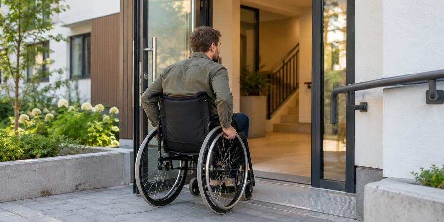 Riteņkrēsla lietotājs patstāvīgi pārvietojas pa pielāgotu mājokļa ieeju