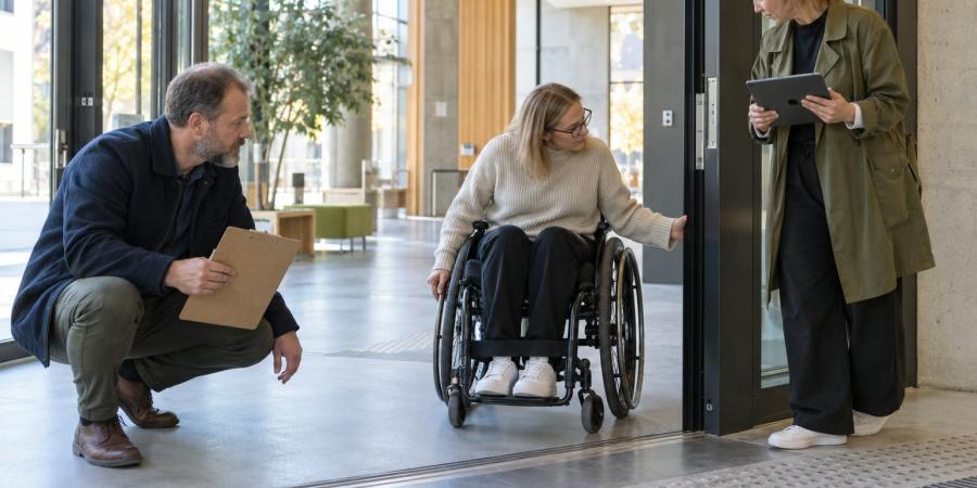 Pieejamības audita dalībnieki pārbauda ieeju un pārvietošanās ceļu publiskā ēkā