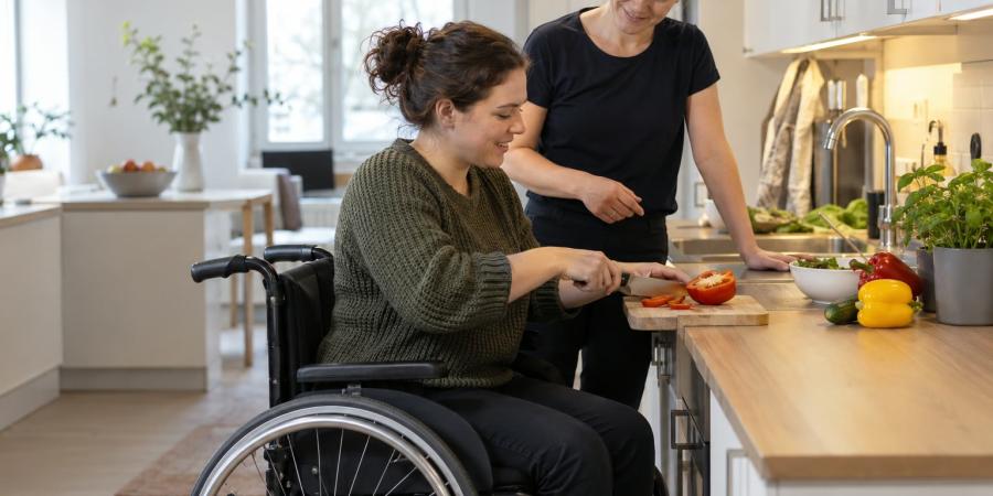 Sieviete riteņkrēslā gatavo dārzeņus virtuvē ergoterapeites vadībā