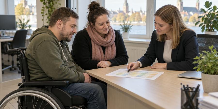 Riteņkrēsla lietotājs un asistente kopā ar sociālo darbinieci pārskata pakalpojuma grafiku