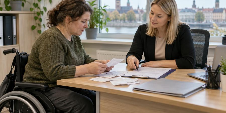 Sieviete riteņkrēslā kopā ar sociālo darbinieci pārskata čekus un pabalsta dokumentus