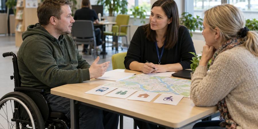 Vīrietis riteņkrēslā ar atbalsta personu pārrunā pakalpojumus pie sociālās darbinieces