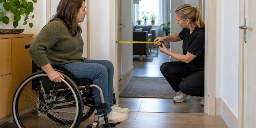 Cilvēks riteņkrēslā kopā ar speciālisti izvērtē durvju ailes platumu mājoklī
